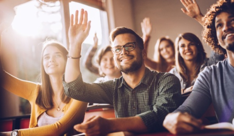 happy-students-raising-their-hands-on-a-class-at-lecture-hall-picture-id1163474547